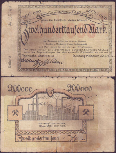 1923 Germany Notgeld 200,000 Mark (Duisburg) L000326